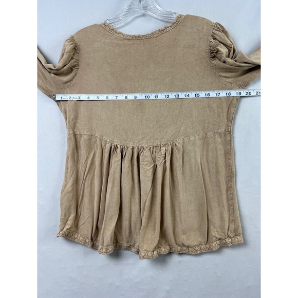 Solitaire Peasant Blouse Womens Medium Tan Embroidered Boho Puff Sleeve - Picture 6 of 9